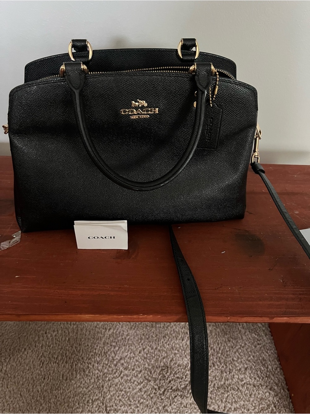 Lillie Carryall COACH  Black Leather Satchel with Gold Logo and Hardware